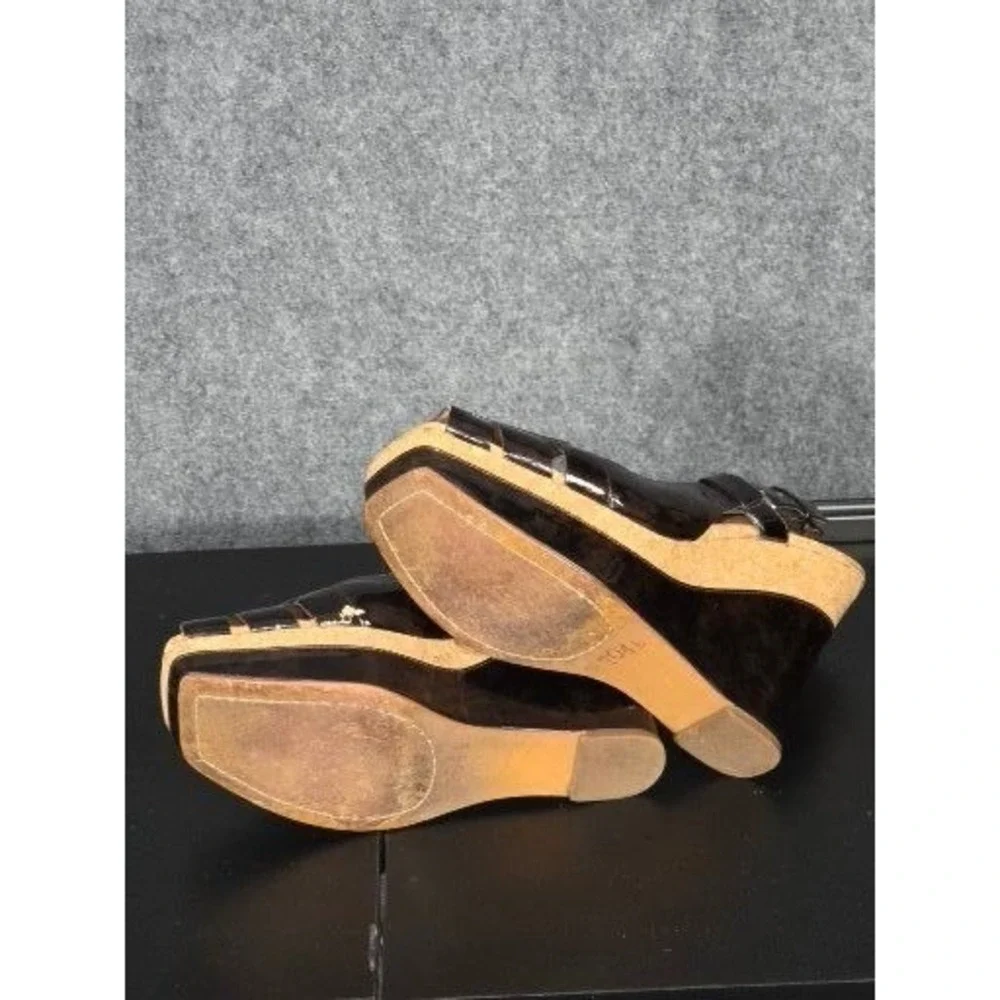 N 704 b Anthropologie Bronze Metallic Leather Cork Platform Wedge Sandals 37.5‎